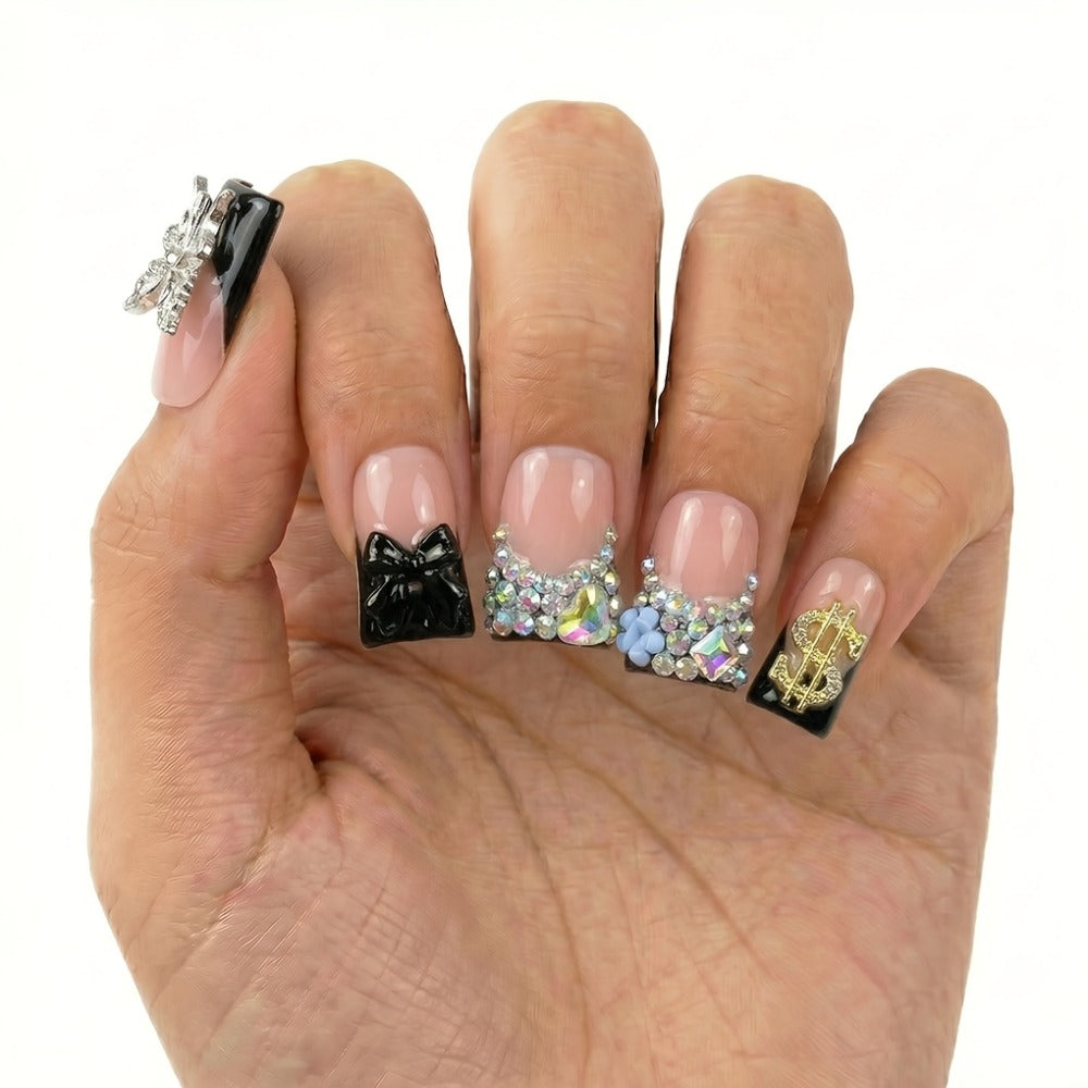 Press On Nails 10-Piece Medium Duckbill Set with Black Nude Color Block, Butterfly, Glitter and AB Rhinestones