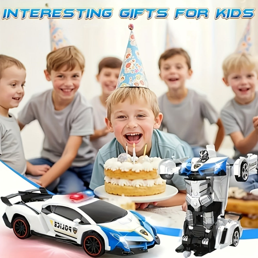 Spider Robot RC Car for Kids 1:18 with LED Lights, One-Button Transform Police Car Stunt Toy