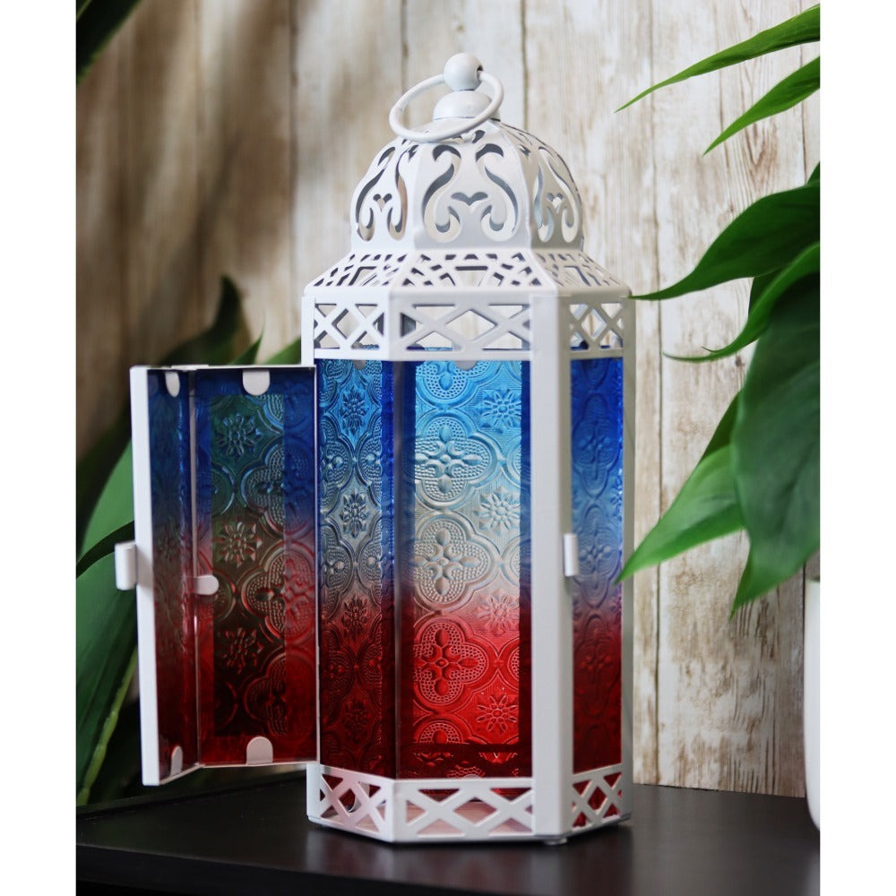 Moroccan Candle Lantern Holder - Decorative Metal & Glass Lantern with Embossed Floral Design for Indoor Home Decor