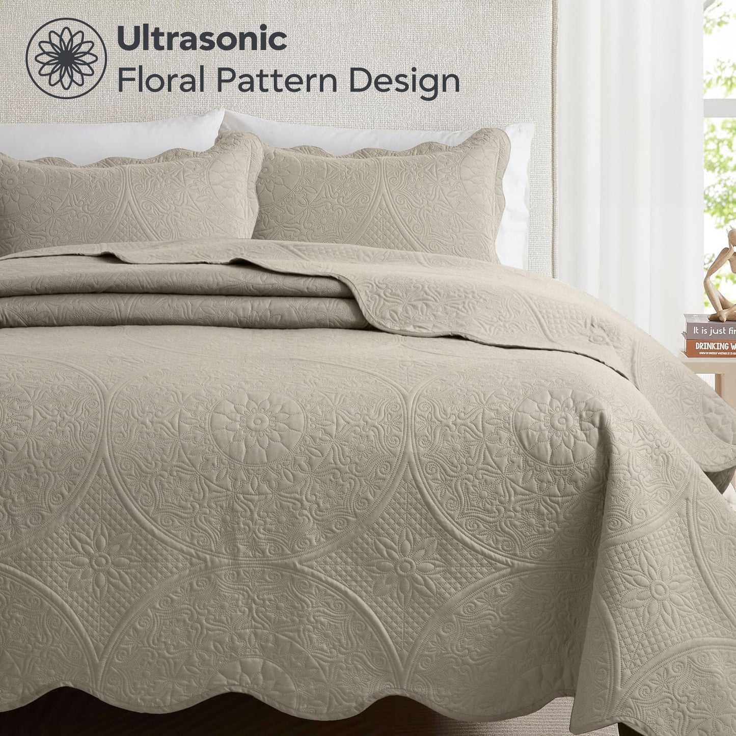 Floral-Pattern Three-Piece Bedspread Set in 16 Colors with Twin, Queen, King and California King Sizes