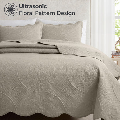 Floral-Pattern Three-Piece Bedspread Set in 16 Colors with Twin, Queen, King and California King Sizes