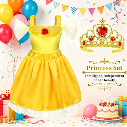 Girls Princess Dress Up Costume Set 14pcs, 5 Role Play Outfits with Crowns, Earrings & Storage Box
