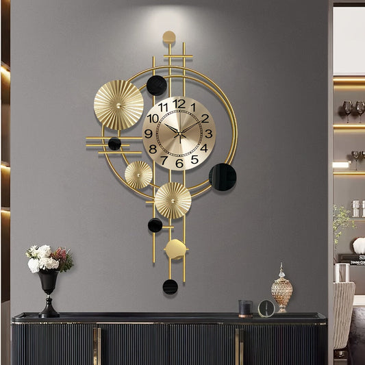 Golden Metal Art Wall Clock with Asymmetrical Circular Accents, Analog Dial and 30.7 x 17.7-Inch Size