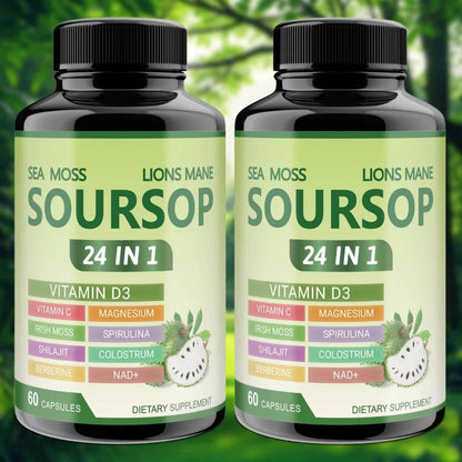 Soursop Graviola Capsules 24-in-1 Herbal Blend – Turmeric Spirulina Sea Moss Vitamin D3 Bitter Leaf | Immune Defense Antioxidant Gut Energy