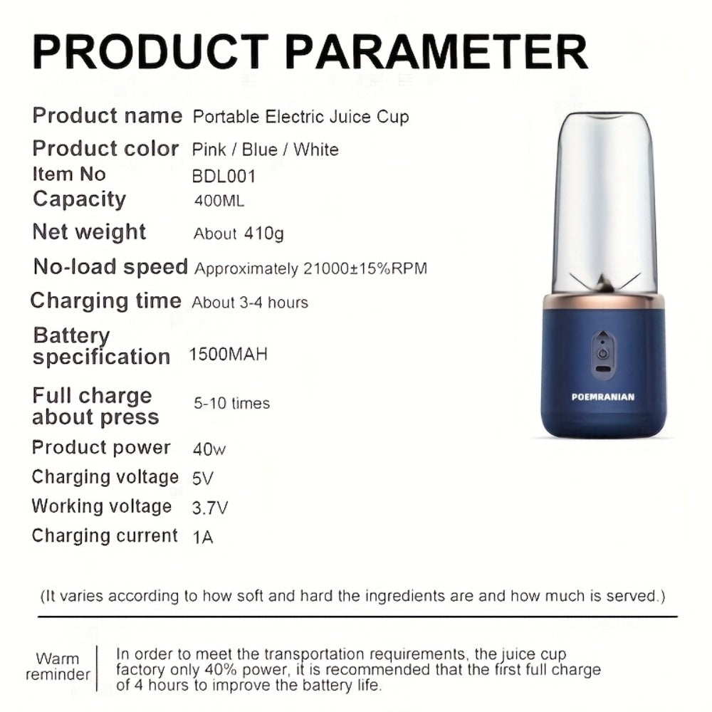 Portable Blender Juicer Double Cup 1500mAh Rechargeable, Food-Grade ABS Multifunctional Fruit Vegetable Juicer