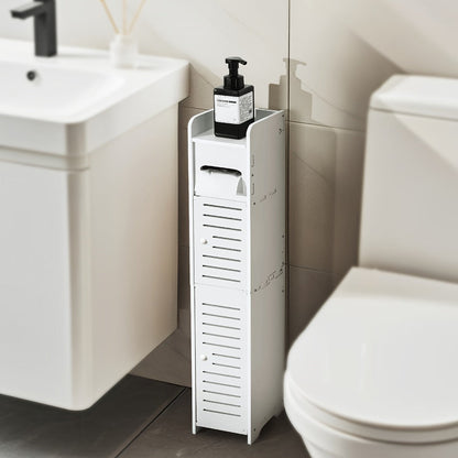 Slim Bathroom Storage Cabinet, PVC Toilet Paper Holder & Organizer for Small Spaces, Easy Assembly