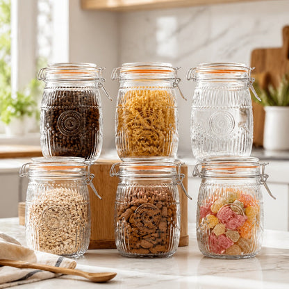 Mason Jars 6-Pack, 32 oz Wide-Mouth Glass Canisters with Hinged Lids and Sunflower Pattern for Coffee, Sugar, Beans and Spices