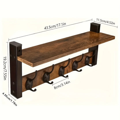 Vintage Wall-Mounted Shelf and Key Rack with Five Hooks, 17.1-Inch Width and Brown Board Finish