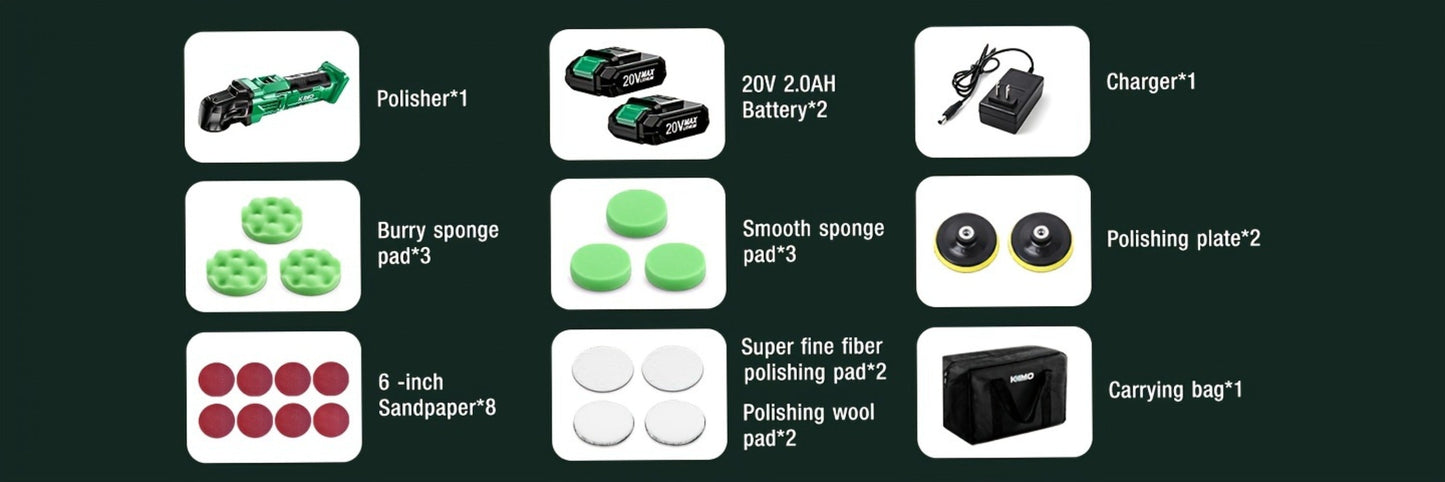 KIMO-Labeled 20V Cordless Rotary Buffer Polisher Kit with Six Speeds, Two 2.0Ah Batteries and Pictured Pads