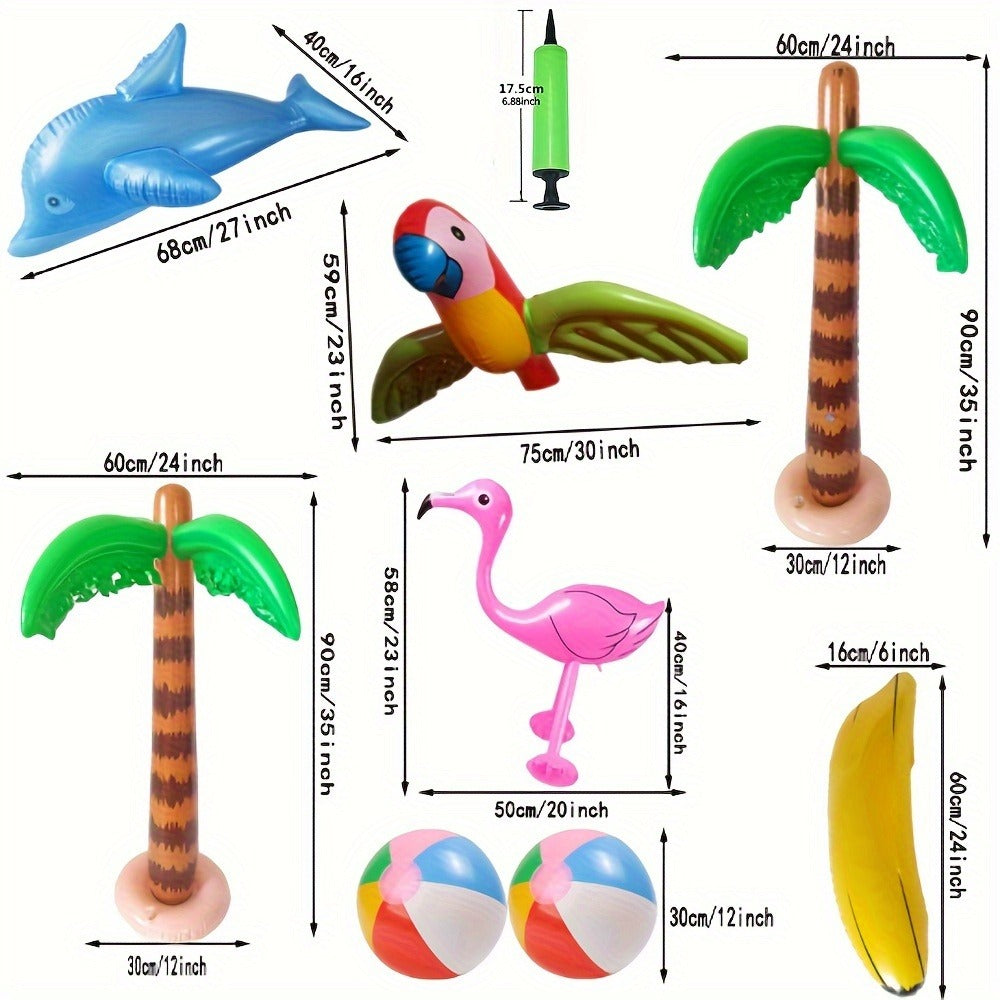 Hawaiian Party Decorations Inflatable Set 9 Pieces - Coconut Trees Beach Balls Flamingo Parrot Dolphin Banana with Pump