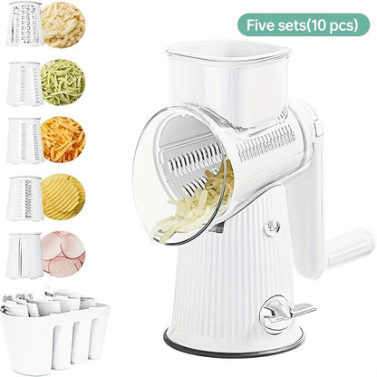 Rotary Cheese Grater with Interchangeable Blades, 5-in-1 Manual Vegetable Slicer Shredder Set, Suction Cup Base