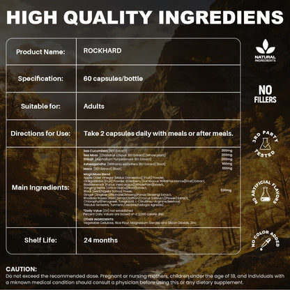 Rock Hard Supplements 180 Capsules 90-Day Supply – L-Arginine, Tongkat Ali, Tribulus & Fenugreek Plant Blend for Men's Energy