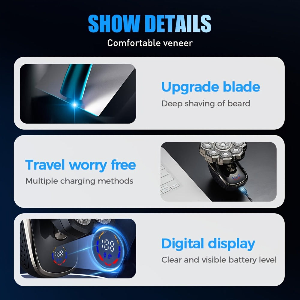 Electric Shaver 5-in-1 Bald-Head Grooming Tool with 7D or 9D Floating Heads and Magnetic Blade Options
