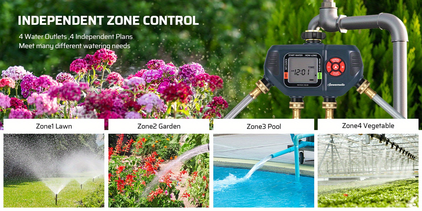 Four-Zone Digital Sprinkler Timer with Independent Water Outlets, LCD Screen, Manual Control and Rain-Delay Mode