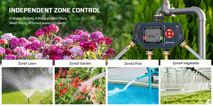 Four-Zone Digital Sprinkler Timer with Independent Water Outlets, LCD Screen, Manual Control and Rain-Delay Mode
