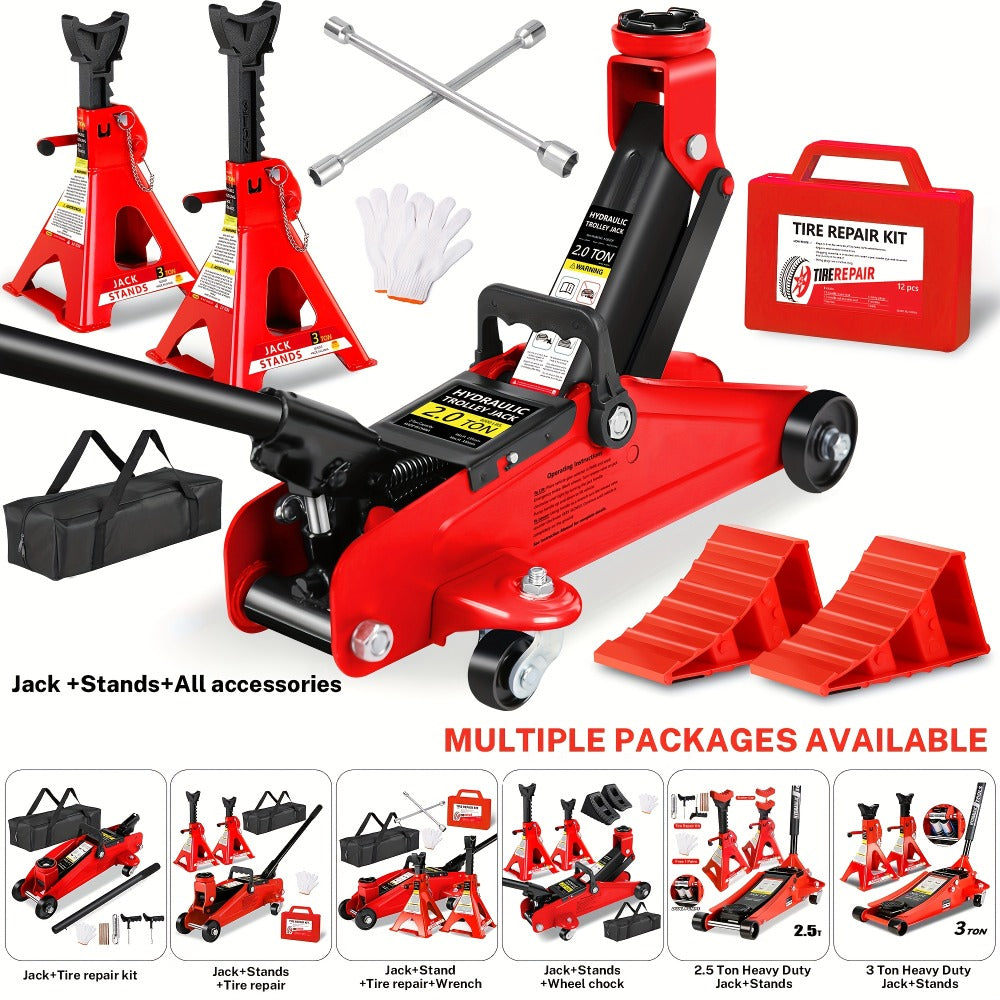 Hydraulic Floor Jack Kit 2/2.5/3 Ton Low Profile Trolley Jack with Jack Stands, Tire Repair Kit, Wheel Wrench & Wheel Chock Combo – Red/Blue