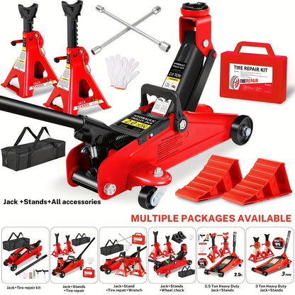 Hydraulic Floor Jack Kit 2/2.5/3 Ton Low Profile Trolley Jack with Jack Stands, Tire Repair Kit, Wheel Wrench & Wheel Chock Combo – Red/Blue