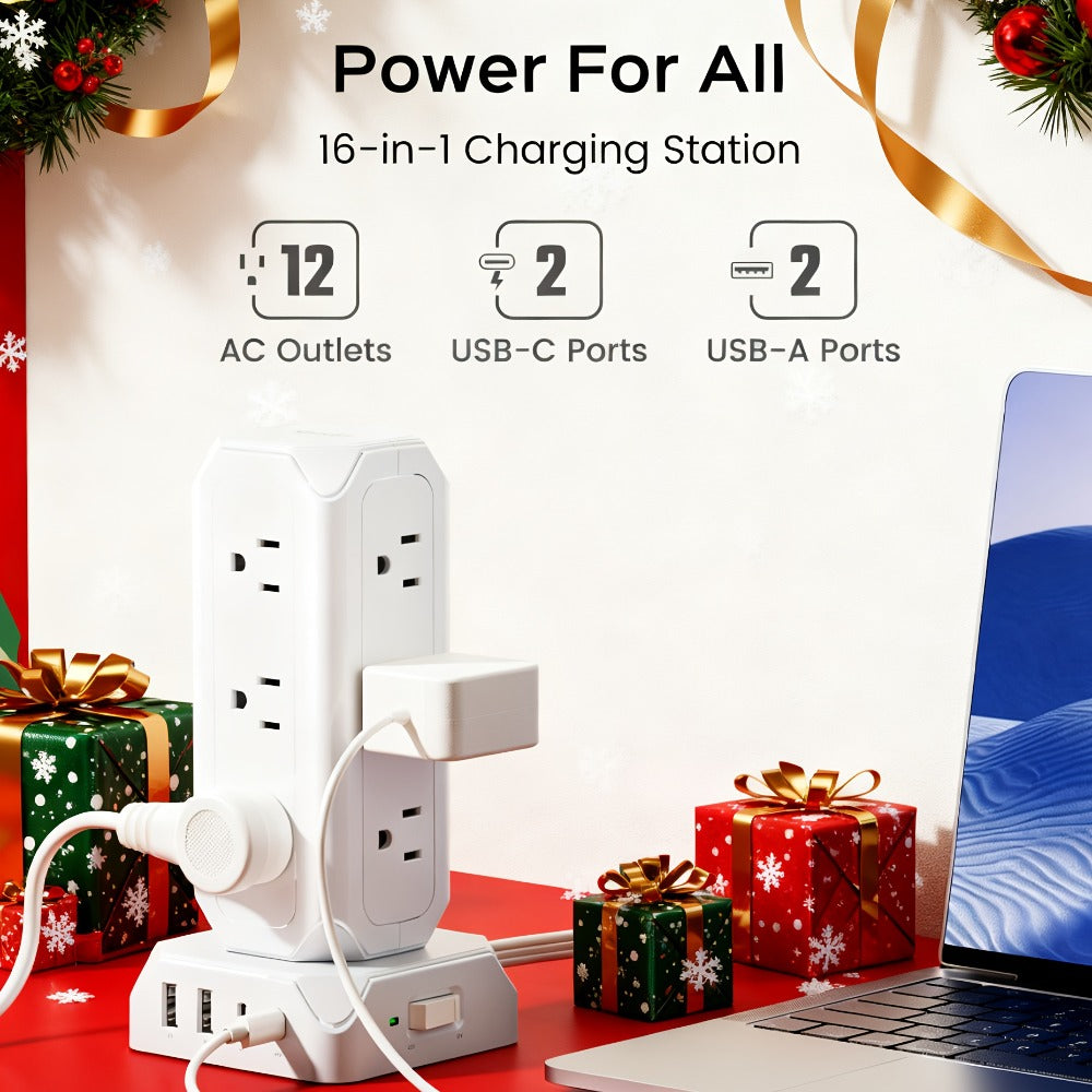 Power Strip Tower 16-in-1 Surge Protector 12 AC Outlets 4 USB Ports USB-C PD20W 1800J Protection for an Everyday Personal Care Routine