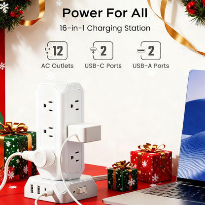 Power Strip Tower 16-in-1 Surge Protector 12 AC Outlets 4 USB Ports USB-C PD20W 1800J Protection for an Everyday Personal Care Routine