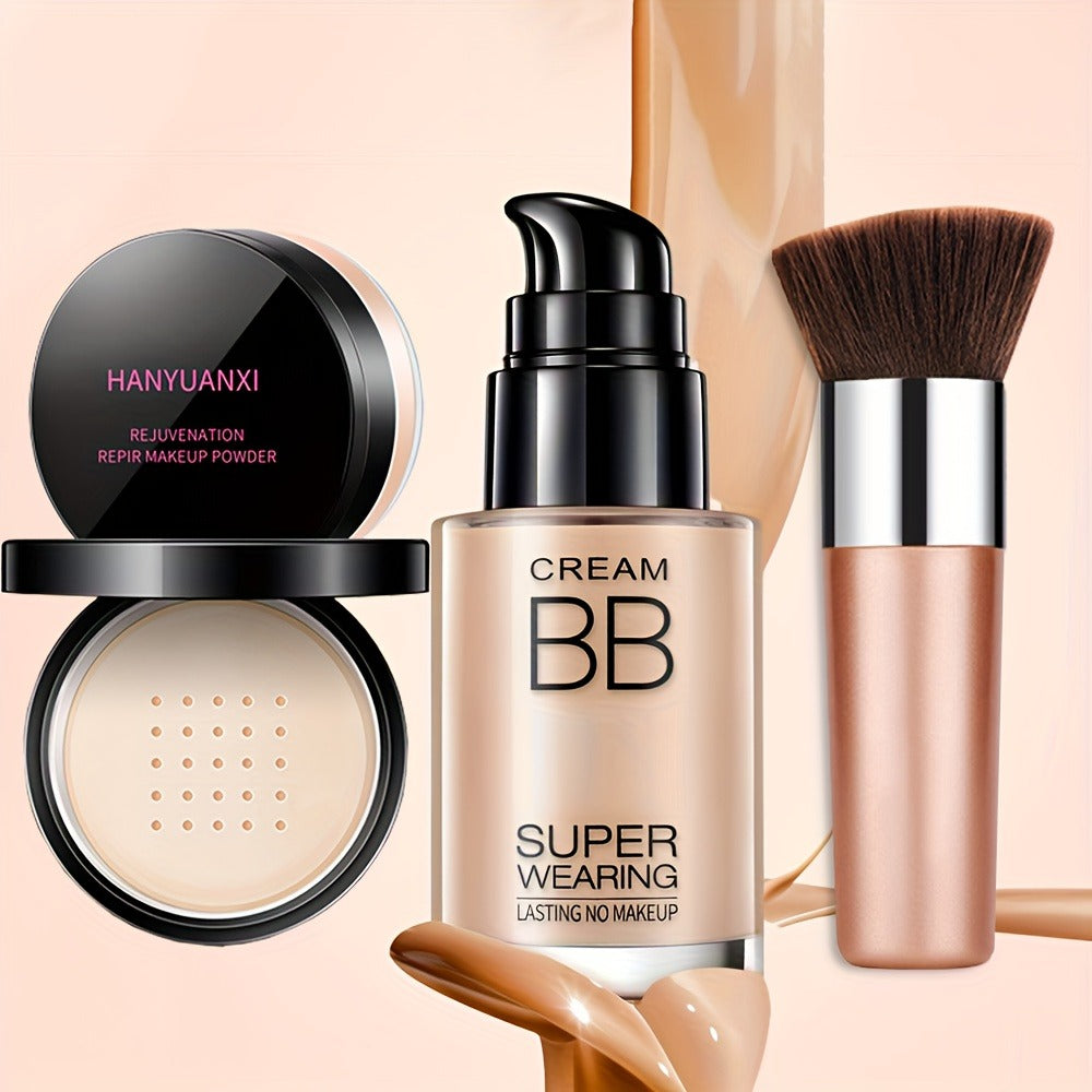 BB Cream Makeup Kit with Loose Setting Powder Brush & Sponge – Full Coverage Waterproof Long-Lasting Hydrating Foundation Set for All Skin