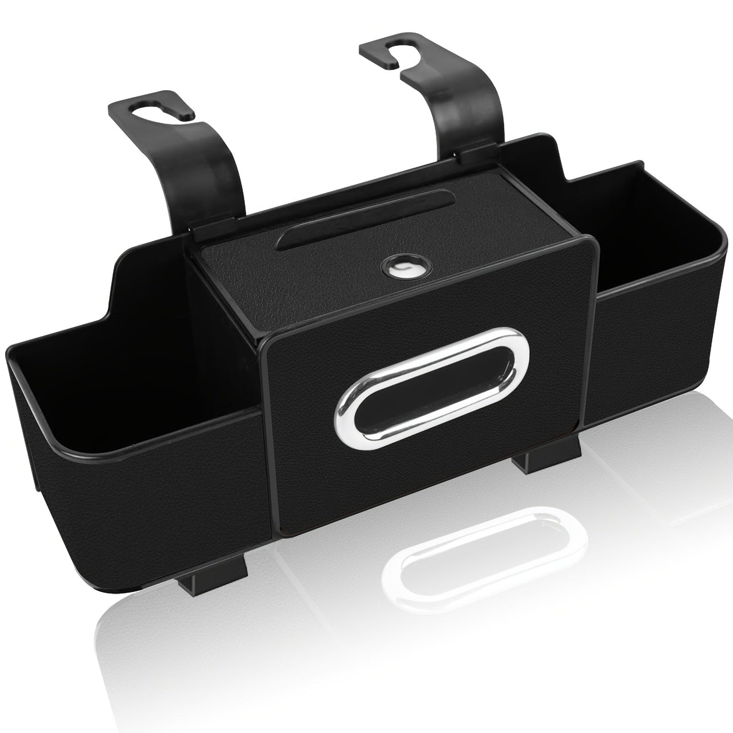Compact Headrest-Hanging Car Organizer with Two Cup Pockets, Tissue Opening, Hooks and Five Pack Options