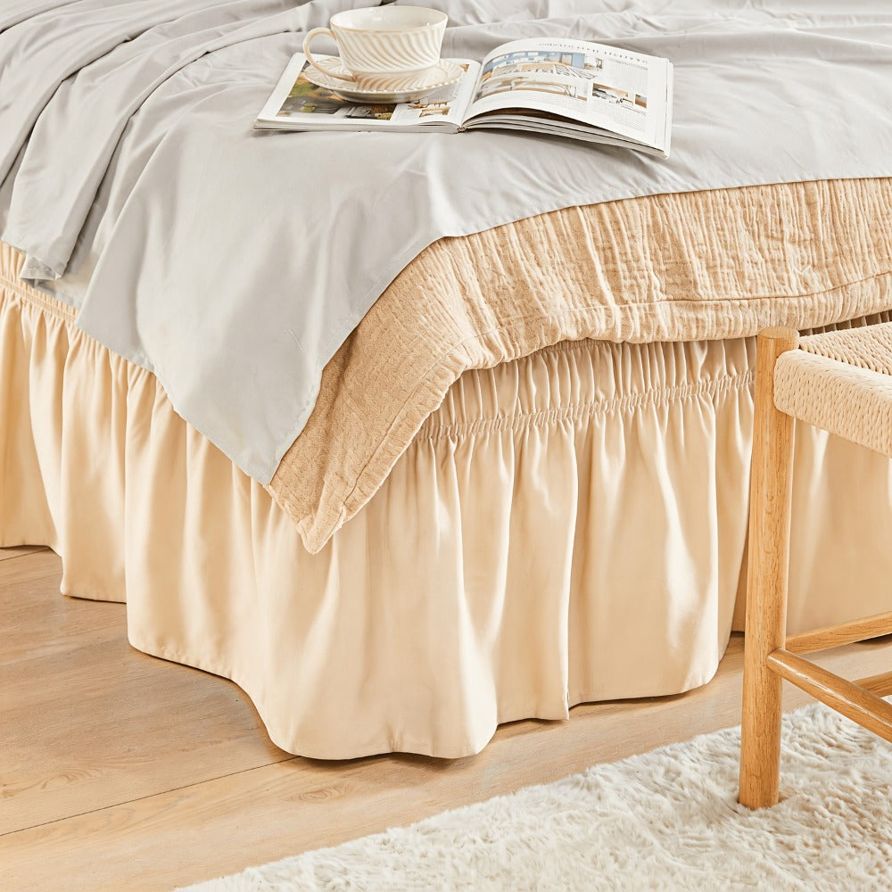 Bed Skirt Elastic Wrap Around Ruffle – 15 Inch Drop Microfiber Dust Ruffle, Adjustable No-Lift Fit, Fade Resistant Machine Washable