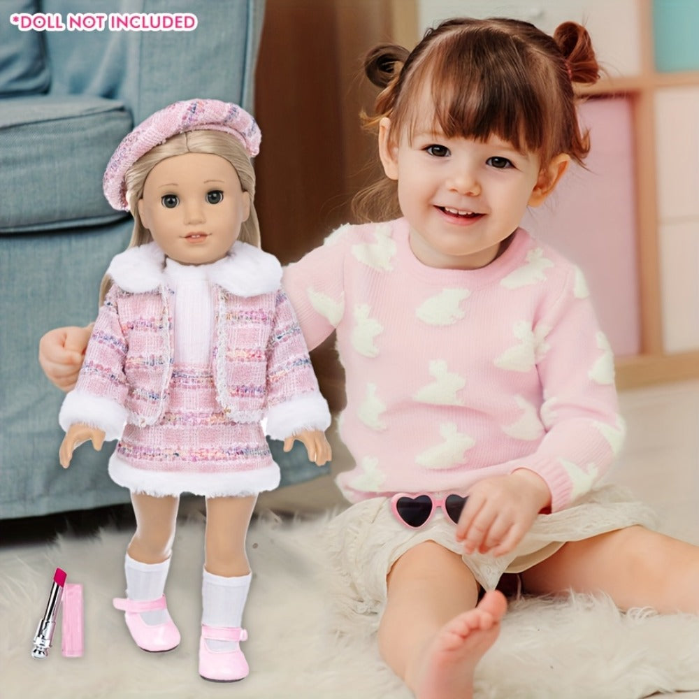 18 Inch Doll Knitted Clothes Outfit Set with Hat Jacket Skirt Shoes Socks Sunglasses Lipstick