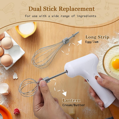 Electric Hand Mixer Cordless USB Rechargeable, 304 Stainless Steel Whisk 3-Speed Settings for Home Cooking, Dining and Outdoor Meals
