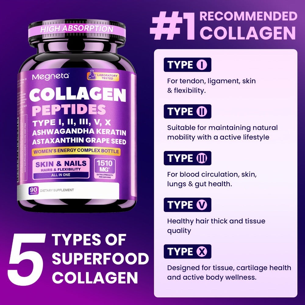 Collagen Capsules Type I II III V X with Vitamin C, Hyaluronic Acid & Biotin, Skin Hydration, Elasticity