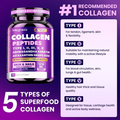 Collagen Capsules Type I II III V X with Vitamin C, Hyaluronic Acid & Biotin, Skin Hydration, Elasticity