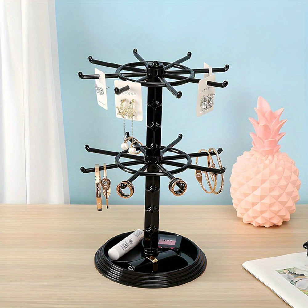 Jewelry Organizer 2-Tier Rotating Black Plastic Stand for Necklaces, Bracelets, Earrings and Keychains