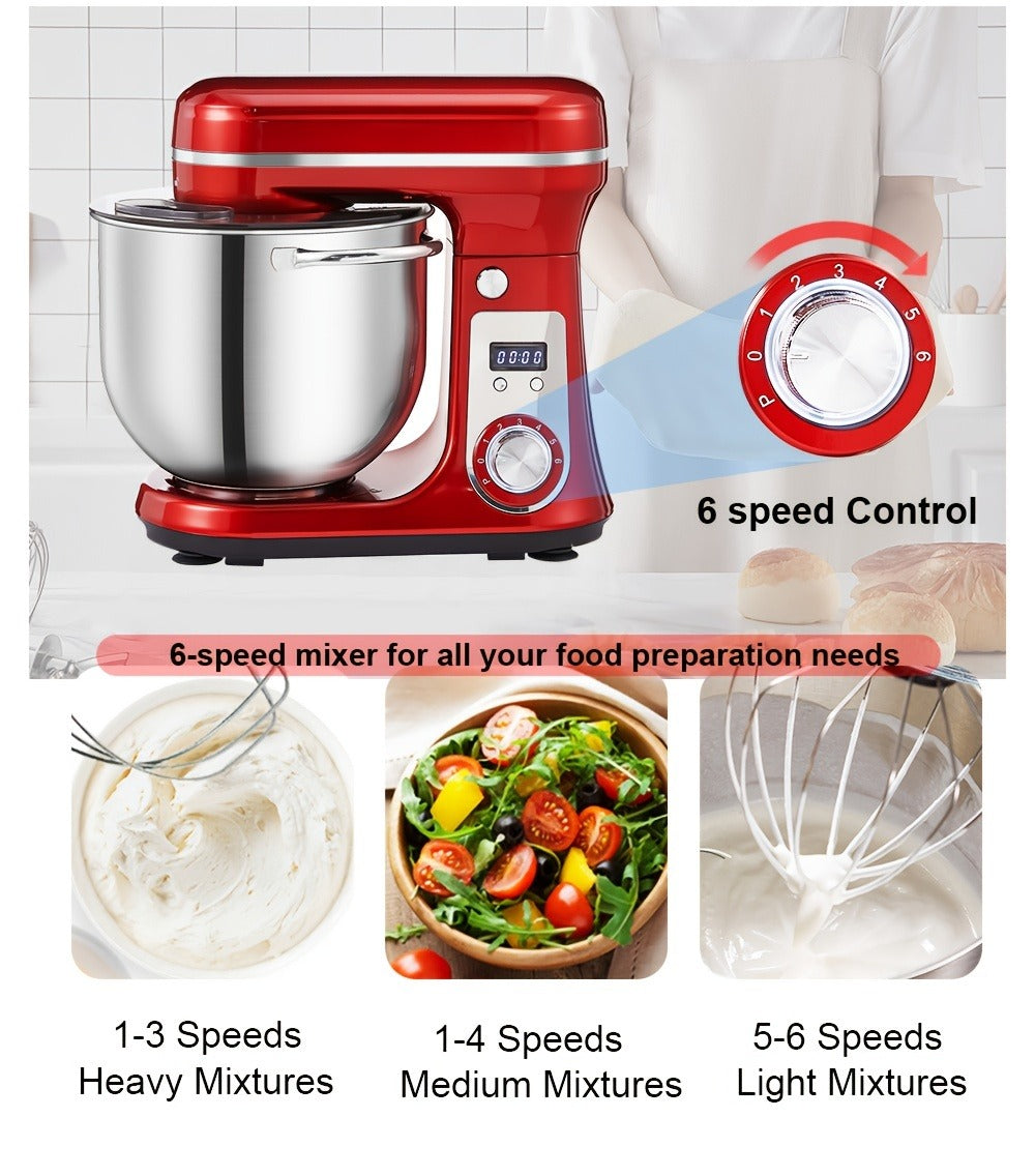 Stand Mixer 1200W 6L Stainless Steel Bowl - Kitchen Food Stand Mixer with Dough Hook, Whisk & Beater