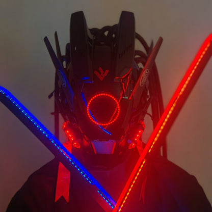LED Cyberpunk Samurai Mask with Braids, Futuristic Sci-Fi Mechanical Face Mask for Halloween, Cosplay
