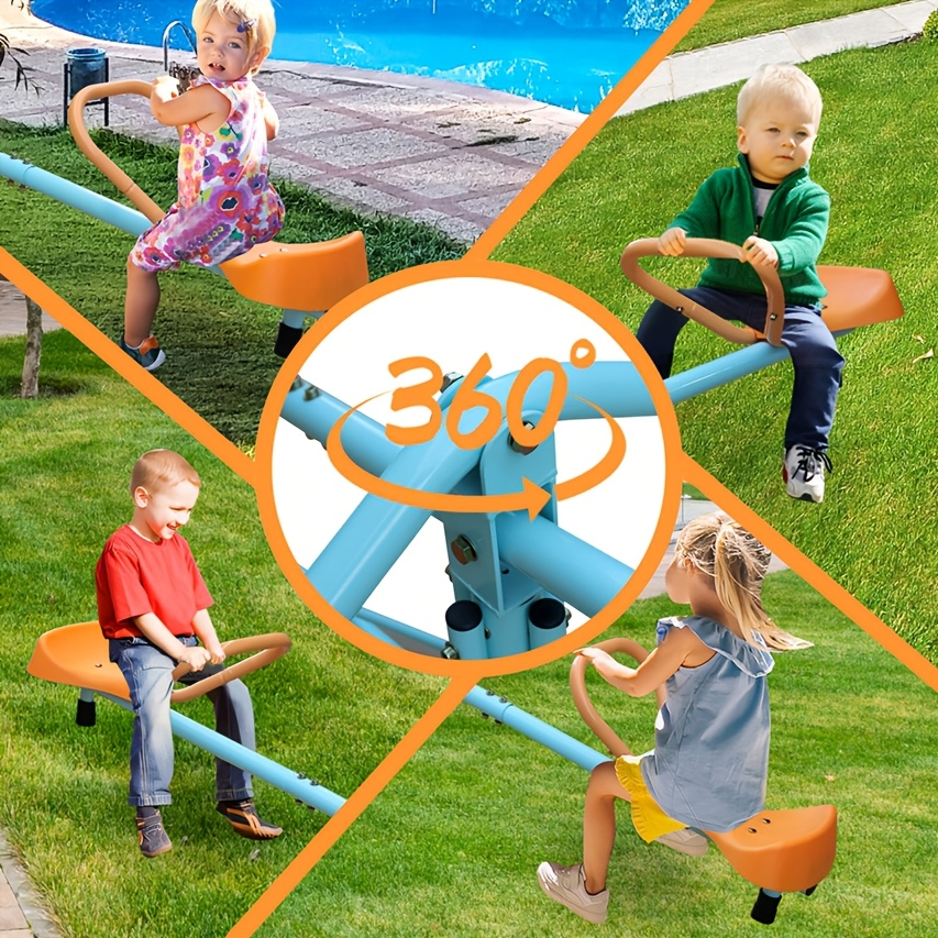 4-Seat Metal Seesaw for Kids Outdoor Backyard Playground – 360 Degree Rotating Teeter Totter with Three-Axle Swivel Design