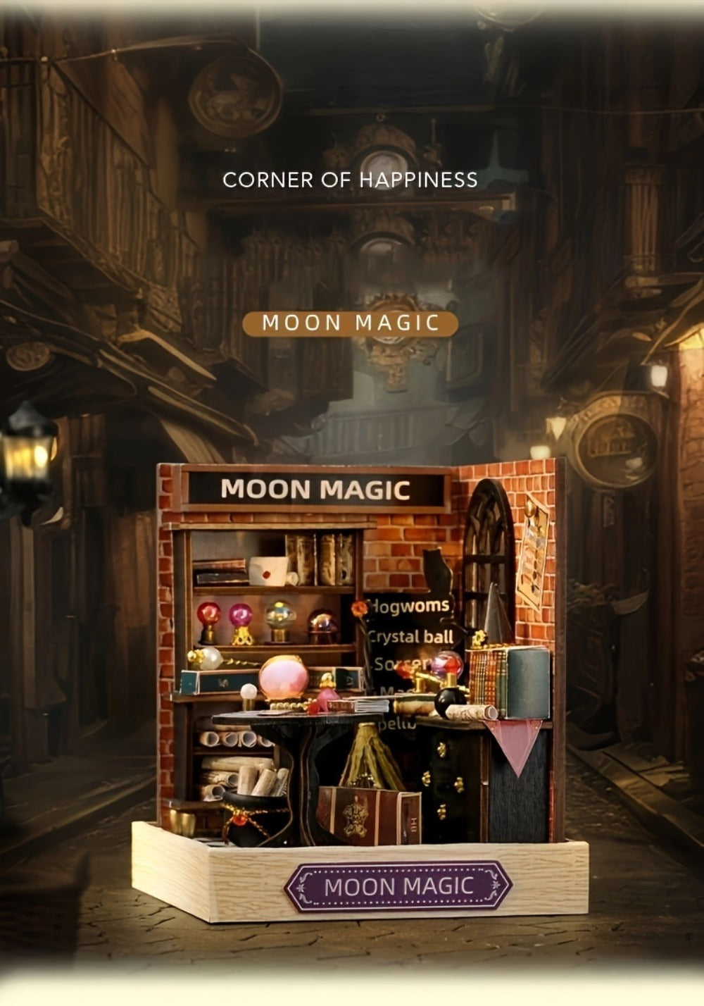 DIY Wooden Tiny House Kit with Dust Cover, Handmade Miniature Dollhouse Puzzle, 3 Themes Afternoon Tea Rotating Food House Moon Magic