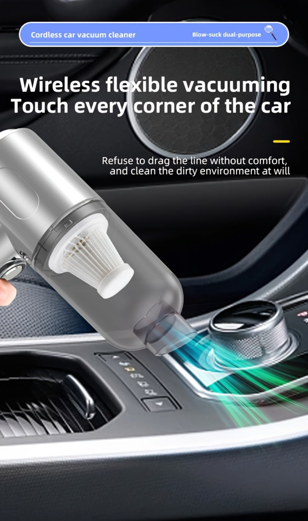 Handheld Vacuum Cleaner with Cordless T-Handle Design, Wet Pickup, Three Nozzles and USB Charging