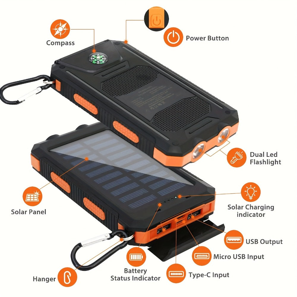 Power Bank Solar 28800mAh or 42800mAh with Wireless Charging, Four Cables and Dual Flashlights