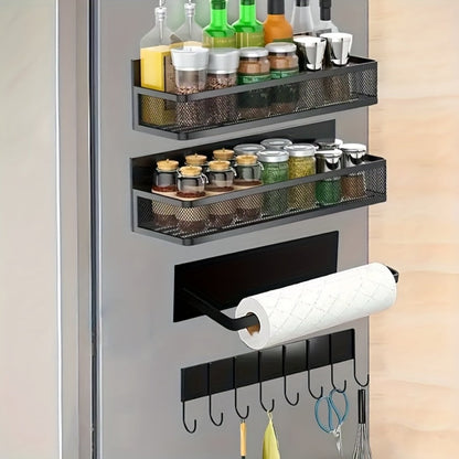 Kitchen Organizer Magnetic Refrigerator Shelf 4-Piece Set with Hooks for Metal Appliance Surfaces