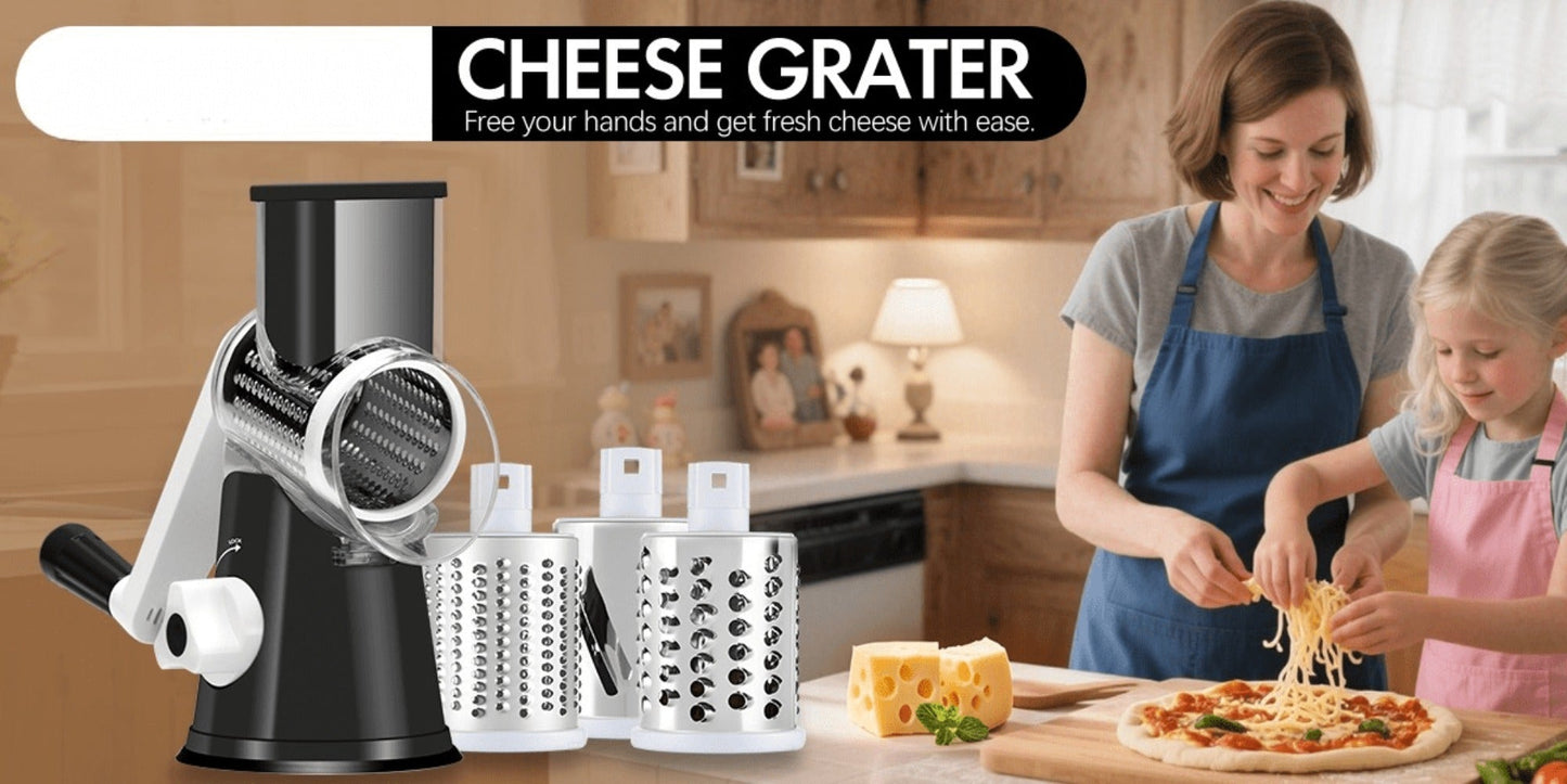 Rotary Cheese Grater, Stainless Steel Hand Crank Shredder with 3 Interchangeable Blades, Suction Base & Cleaning Brush