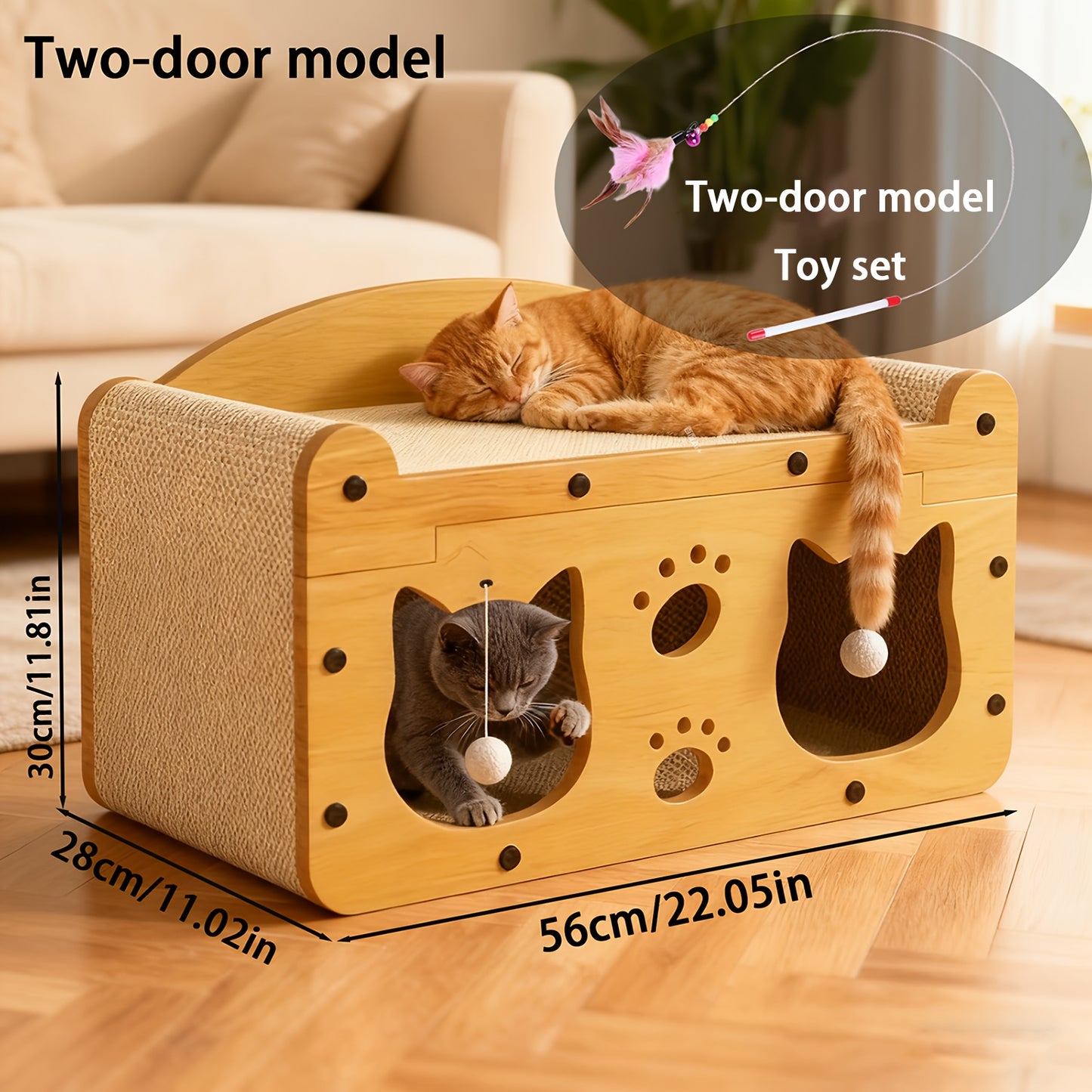 Cat Scratcher House Cardboard Cat Bed with Feather Wand Toy – Indoor Outdoor Cat Hideout for Scratching, Hiding & Resting