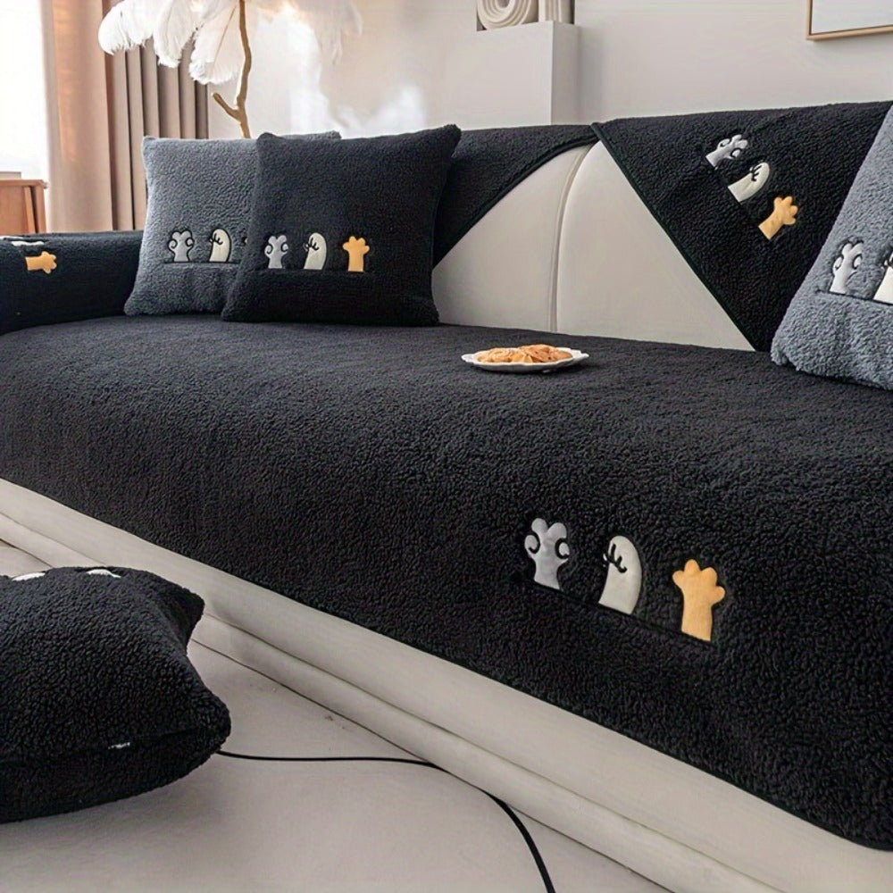 Sofa Cover Thick Plush Shearling Panels with Animal and Bone Embroidery and Backing Detail for 2 to 4 Seats