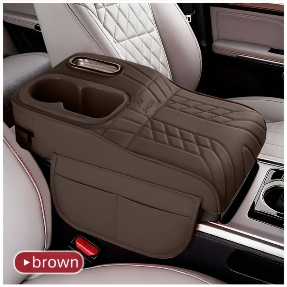 Center Console Tray Organizer with Cup Holder, Tissue Slot and Six Color Options in Black, Orange, Red, Brown or Beige