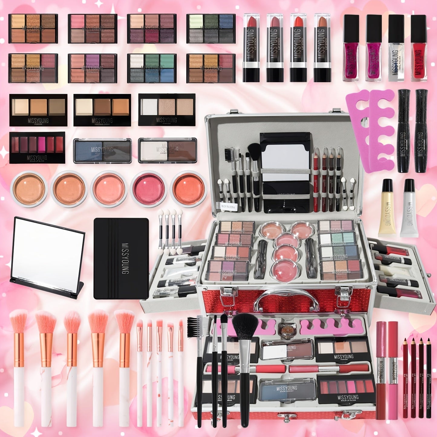 Makeup Kit in Handled Aluminum-Style Travel Case with Mirror, Tiered Trays and Silvery or Red Finish