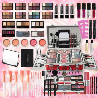 Makeup Kit in Handled Aluminum-Style Travel Case with Mirror, Tiered Trays and Silvery or Red Finish