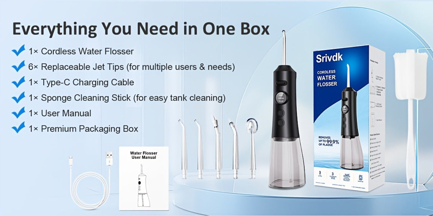 Water Flosser Srivdk Cordless Oral Irrigator with 300ml Tank, Three Pressure Modes, Six Nozzles and USB-C Charging