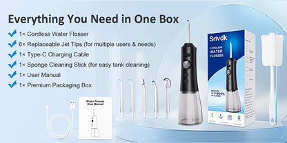 Water Flosser Srivdk Cordless Oral Irrigator with 300ml Tank, Three Pressure Modes, Six Nozzles and USB-C Charging