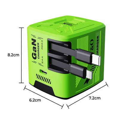 Dual Cable GaN Charger 120W with Built-In 47in Type-C & Lightning Retractable Cables, Foldable Plug – Tangle-Free Fast Charging USB-C Wall