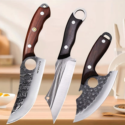 Viking Chef Knife Set 3/4pcs Hammered Stainless Steel Kitchen Knives – Boning, Utility & BBQ Knife with Wooden Handle for Cooking