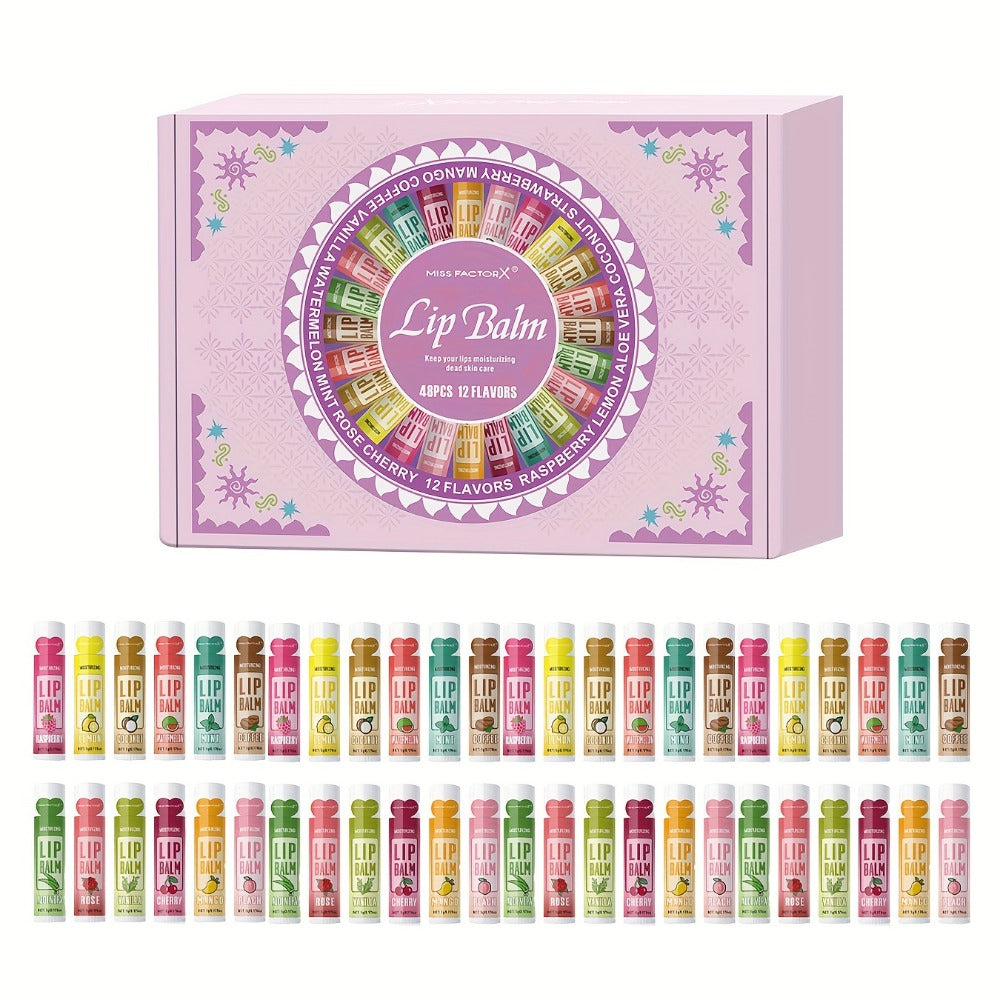 Lip Balm Gift Set 48pcs MISS FACTORX – Moisturizing Glycerin Lip Butter, Hypoallergenic Natural Finish for All Skin Types