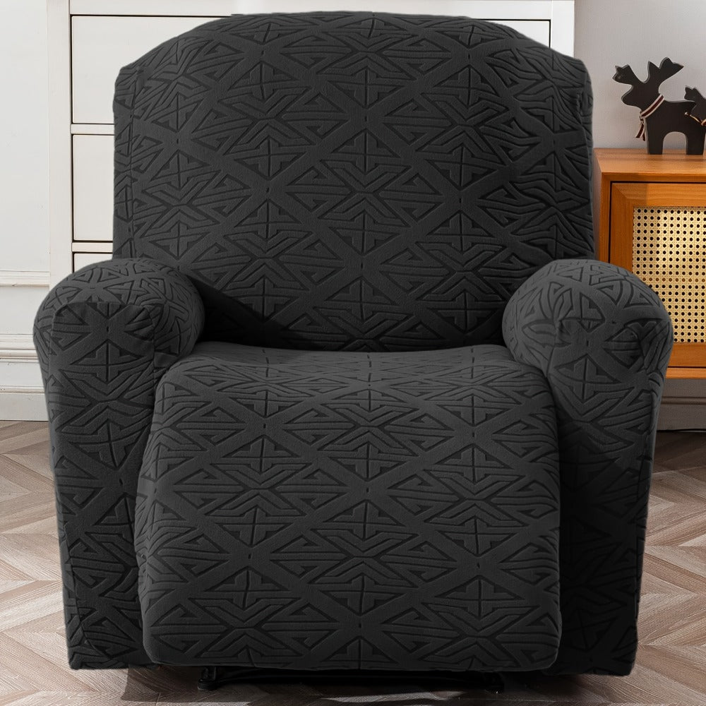 Four-Piece Geometric Jacquard Recliner Chair Cover Set with Labeled Left, Right, Back and Front Sections